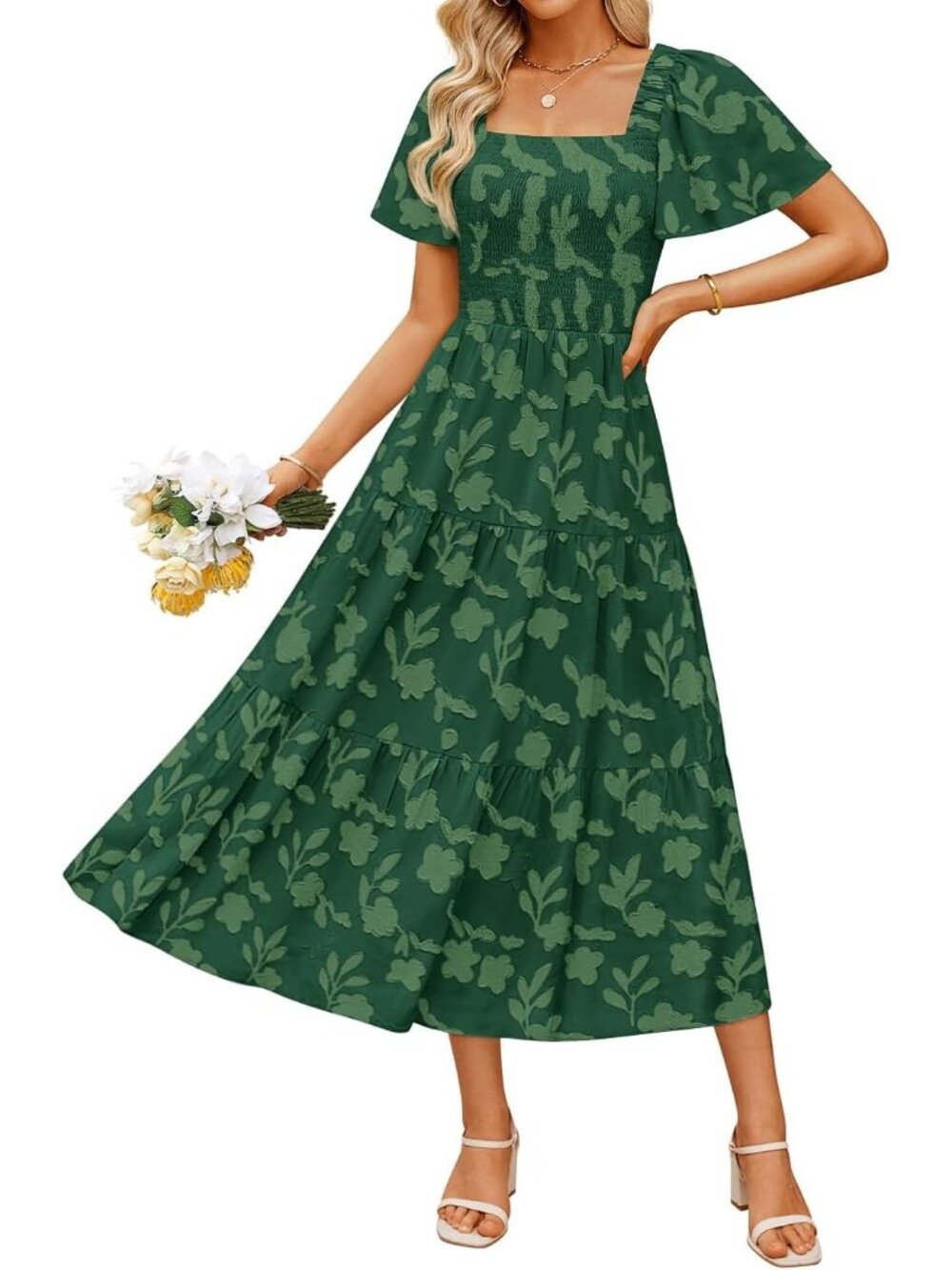 Women's Green 2026 Summer Casual Boho Short Sleeve Wedding Guest Midi Dresses